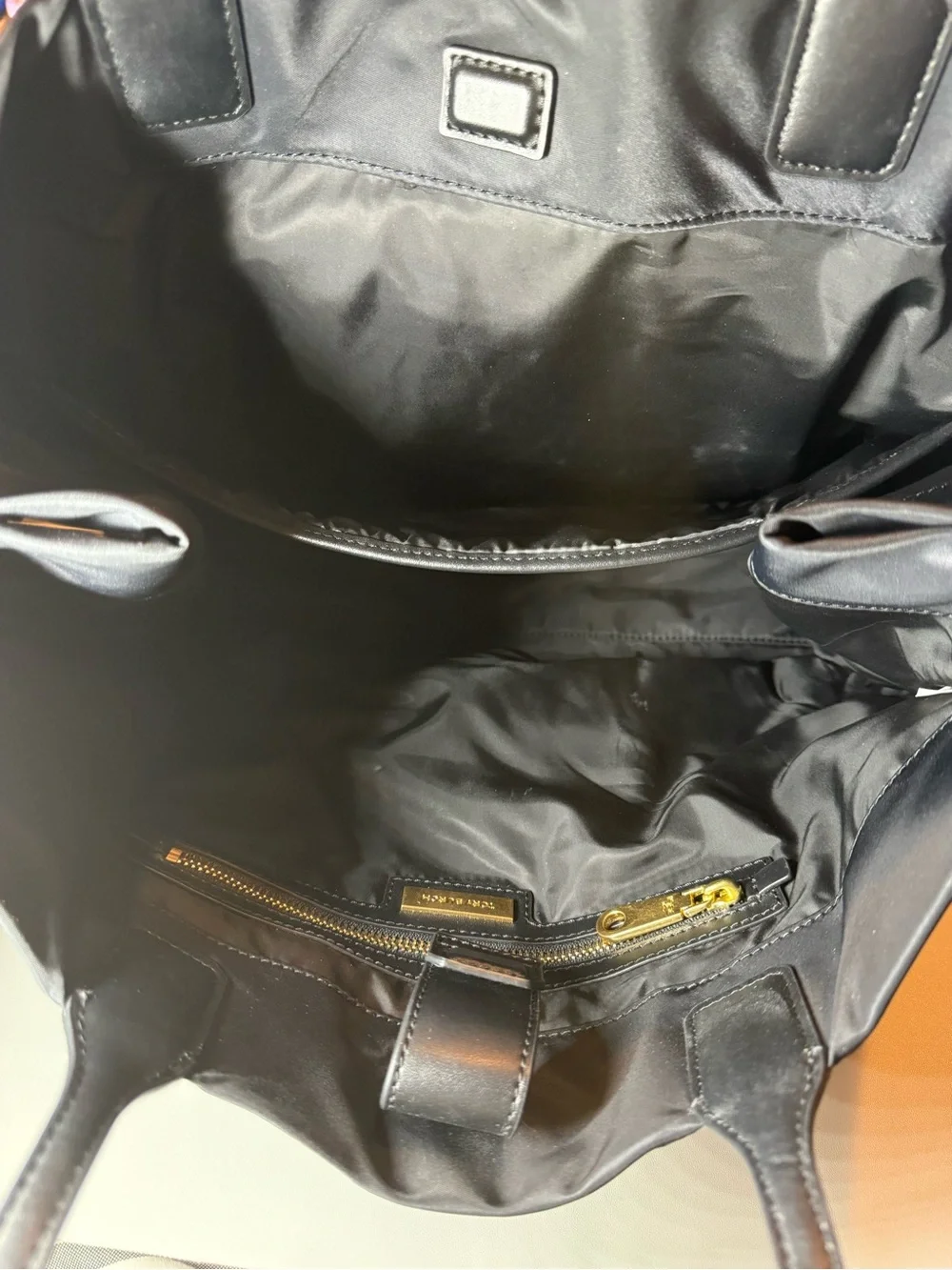 Tory Burch Ella Large Nylon Tote Black Leather Trim Work Travel Bag